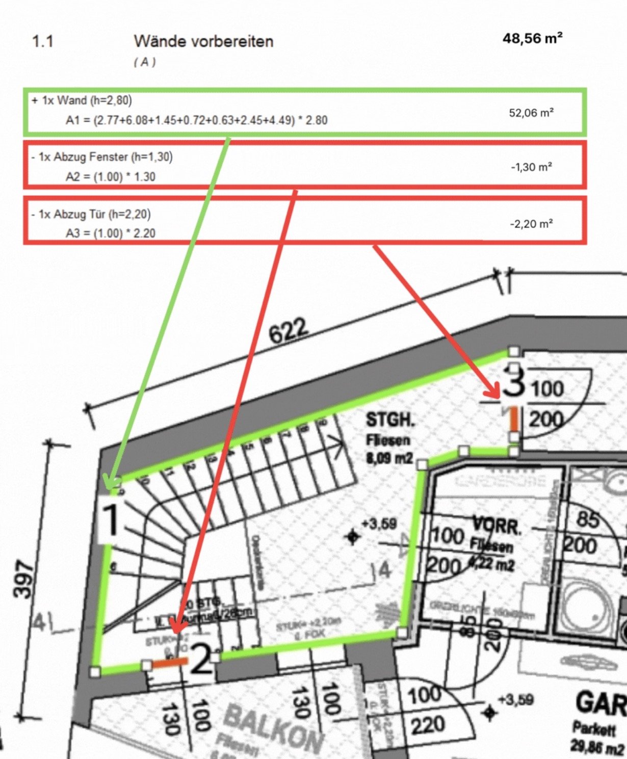 Beispiel eines prüfbaren Aufmaßes mit farblich markierten Flächen und Abzügen